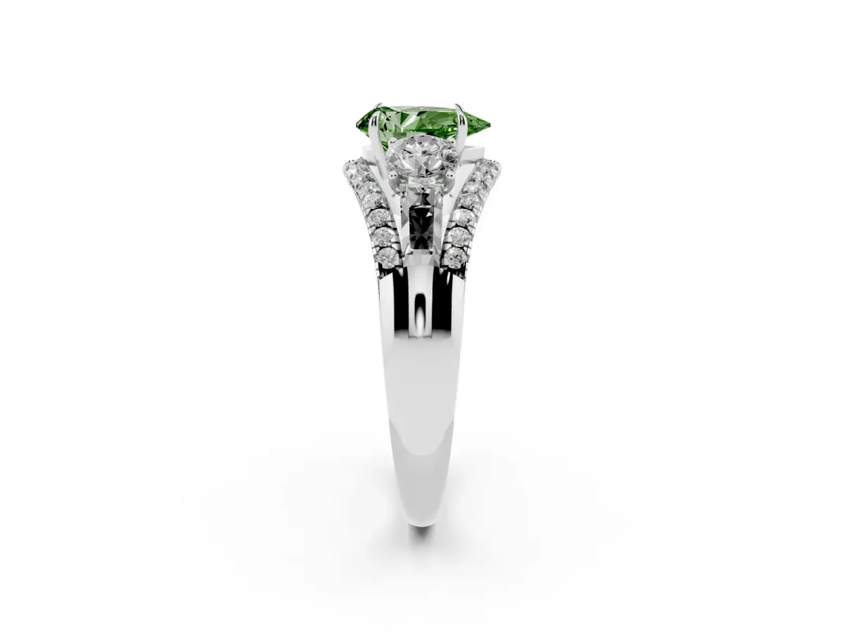 Fancy Green Three-Stone Pear Cut Diamond Engagement Ring with Pave Band and Prong Setting Platinum