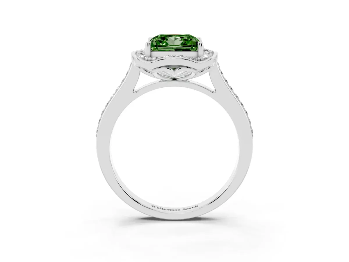 Fancy Green Princess Cut Halo Round Diamond Pave Band with Four-Prong Setting Silver