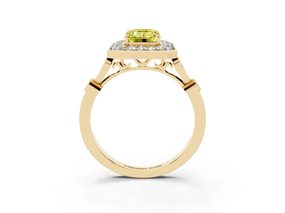 Fancy Yellow Emerald Cut Halo Diamond Engagement Ring with Twisted Band and Four-Prong Setting Yellow gold