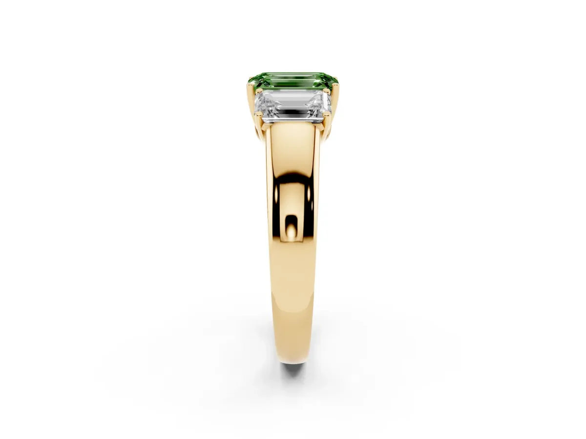 Fancy Green Three-Stone Emerald Cut Cut Diamond Ring with Prong Setting and Classic Band Yellow gold