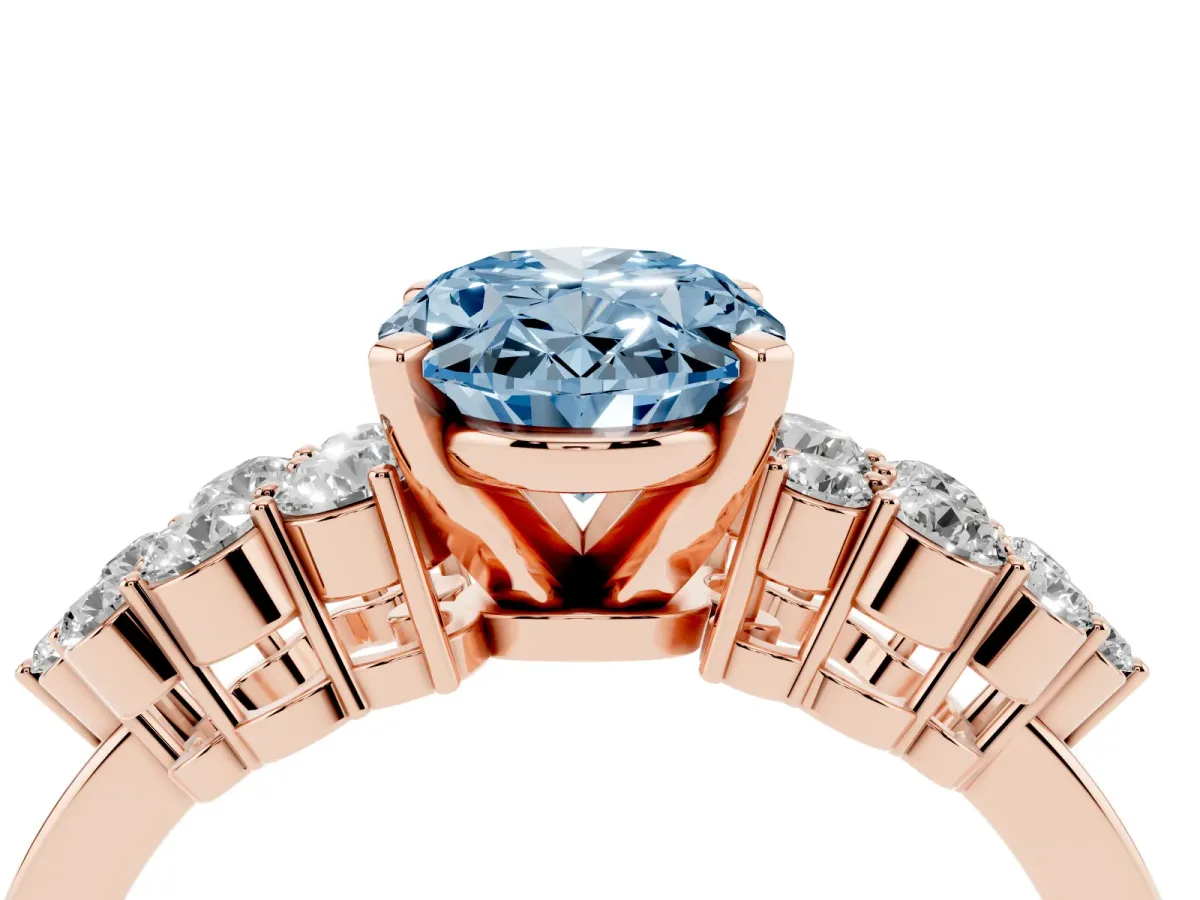 Fancy Blue Oval Cut Cluster Diamond Engagement Ring with Pavé Band and Four-Prong Setting Rose gold