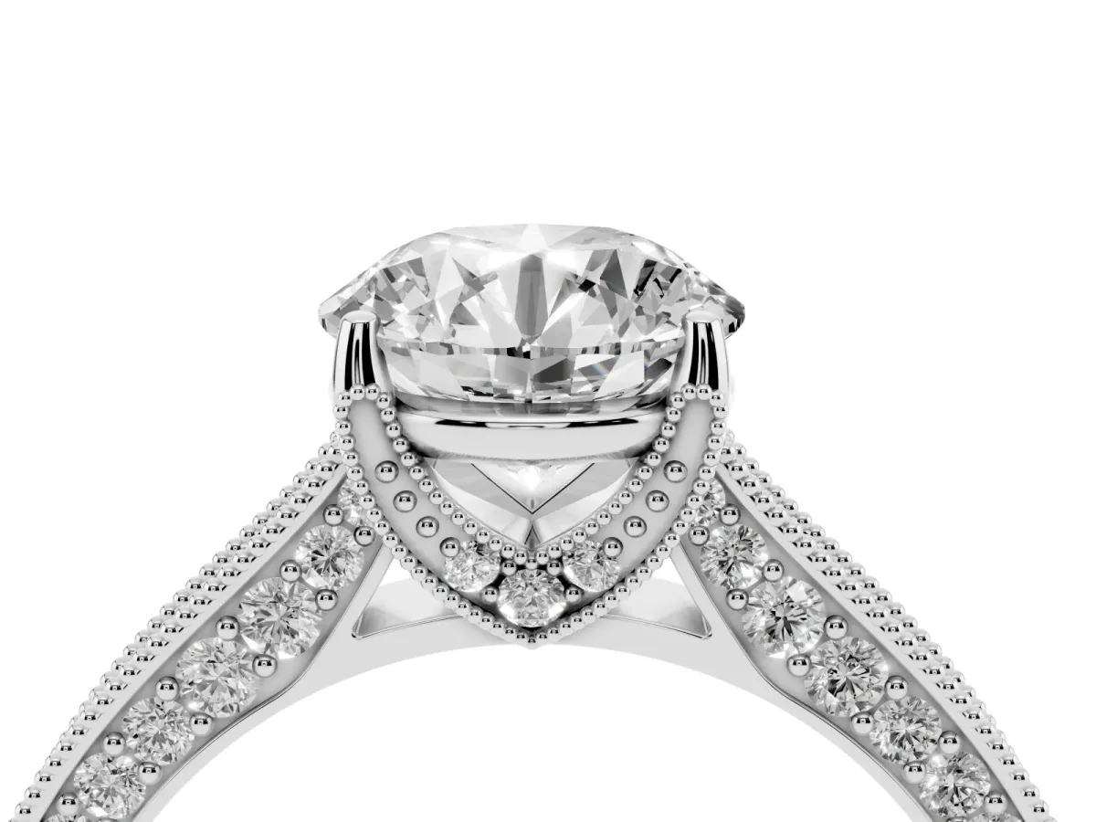 Round Cut Cut Diamond Solitaire Ring with Milgrain Pave Band and Four Prong Setting White gold