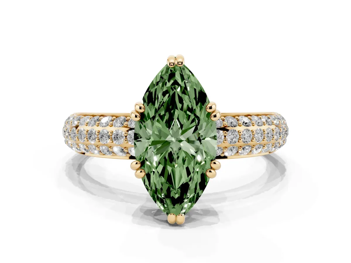 Fancy Green Marquise Cut Diamond Solitaire Ring with Multi-Row Round Pavé Band and Prong Setting Yellow gold