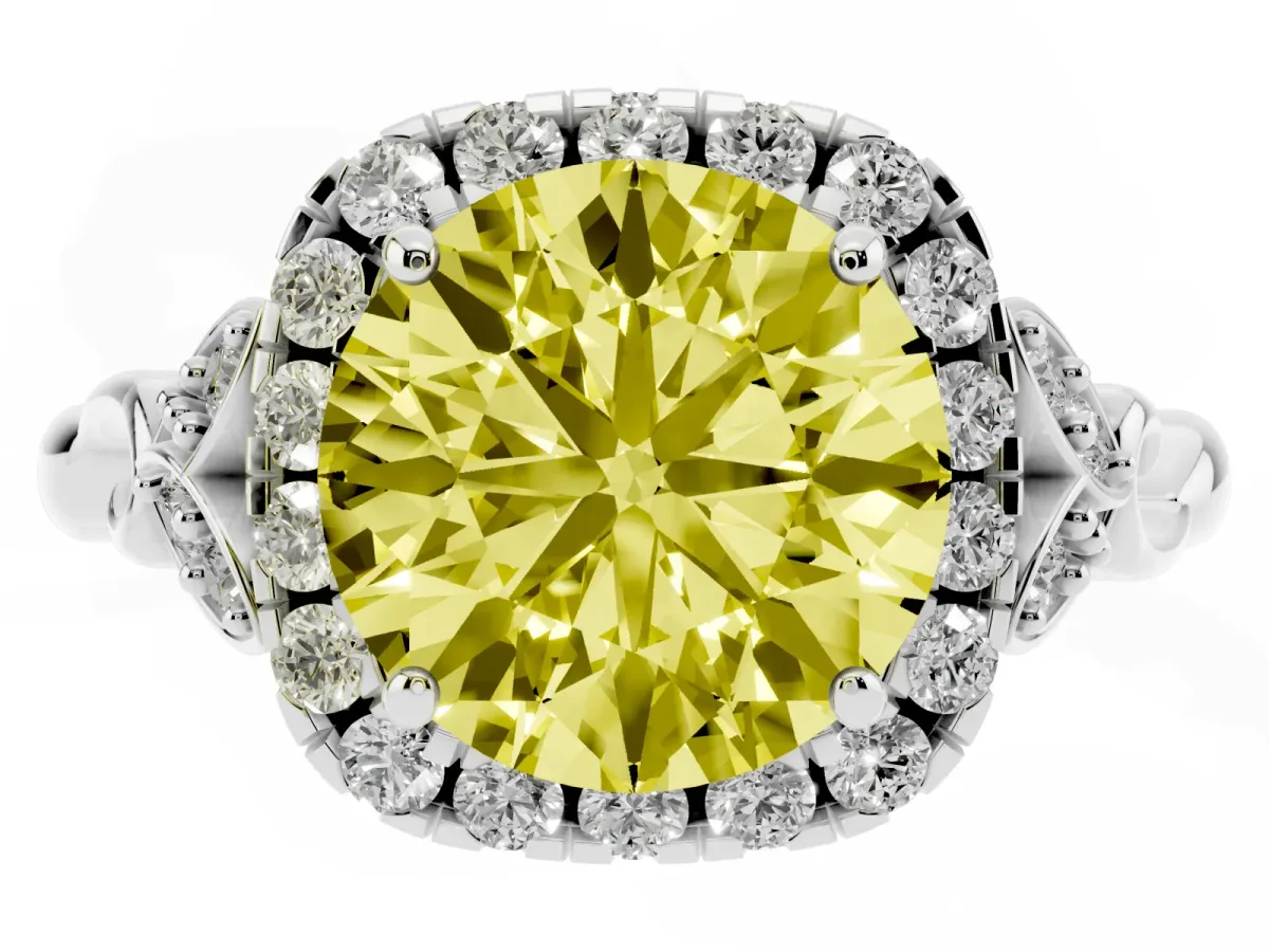 Fancy Yellow Round Cut Halo Diamond Engagement Ring with Vintage-Inspired Band and Four-Prong Setting Silver