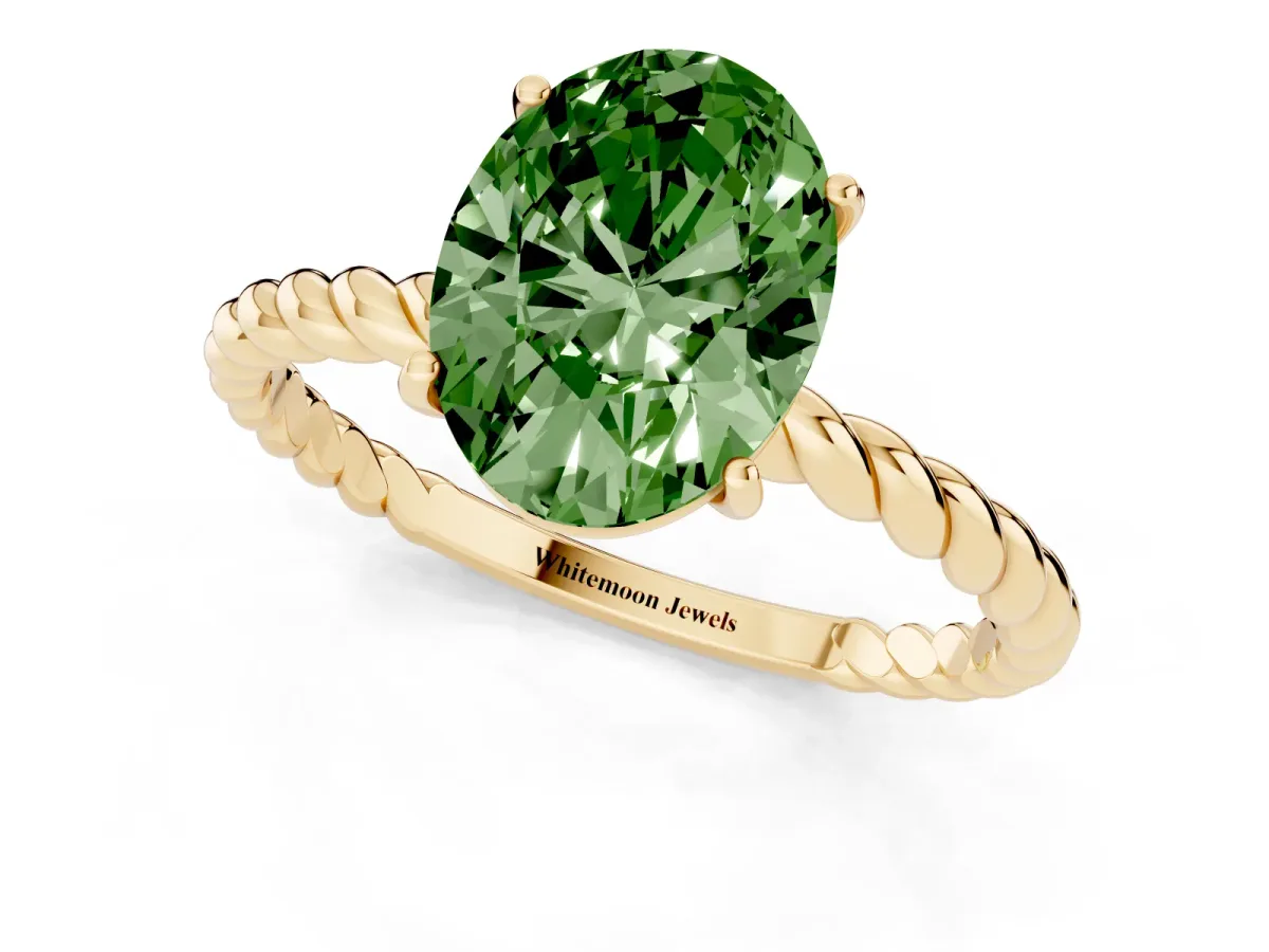 Fancy Green Oval Cut Solitaire Twisted Band 4-Prong Ring Yellow gold