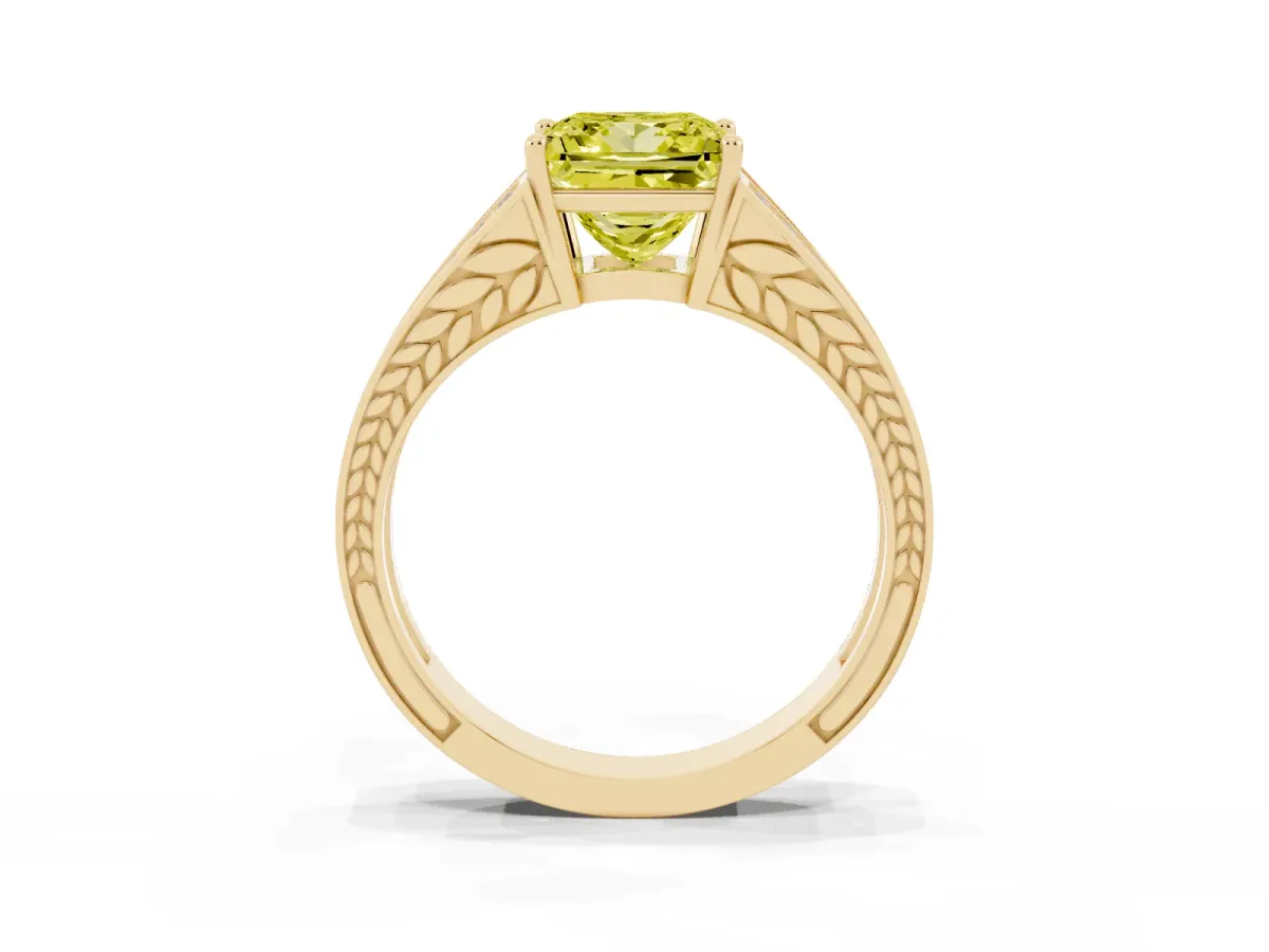 Fancy Yellow Princess Cut Diamond Split Shank Ring with Pavé Band and Four-Prong Setting Yellow gold