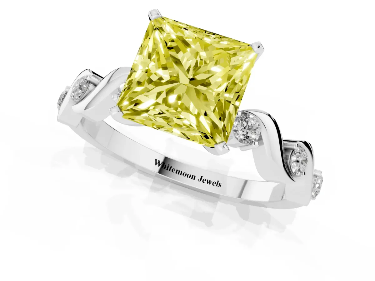 Fancy Yellow Princess Cut Diamond Solitaire Twisted Band with Round Accents and Prong Setting Silver