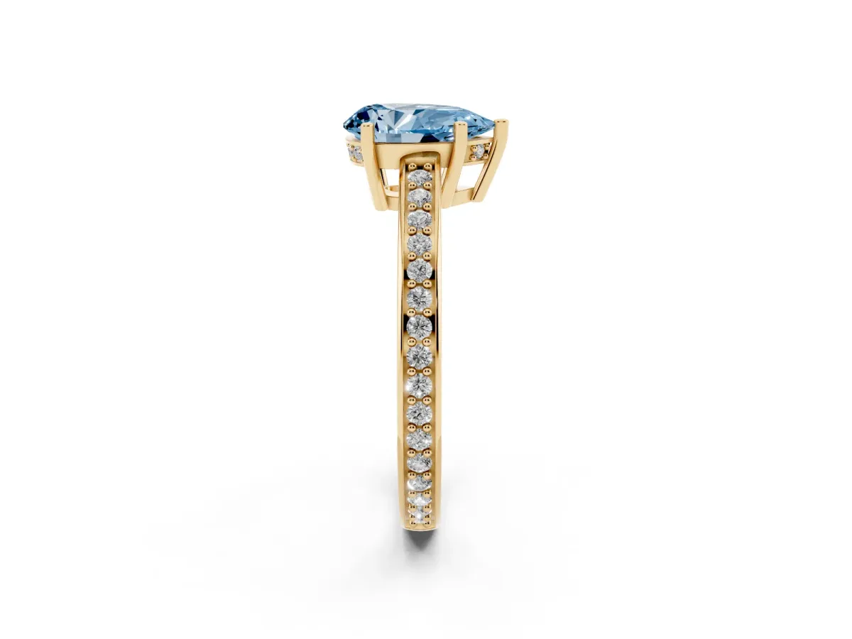 Fancy Blue Pear Cut Solitaire Pavé Band Prong Setting Ring Yellow gold