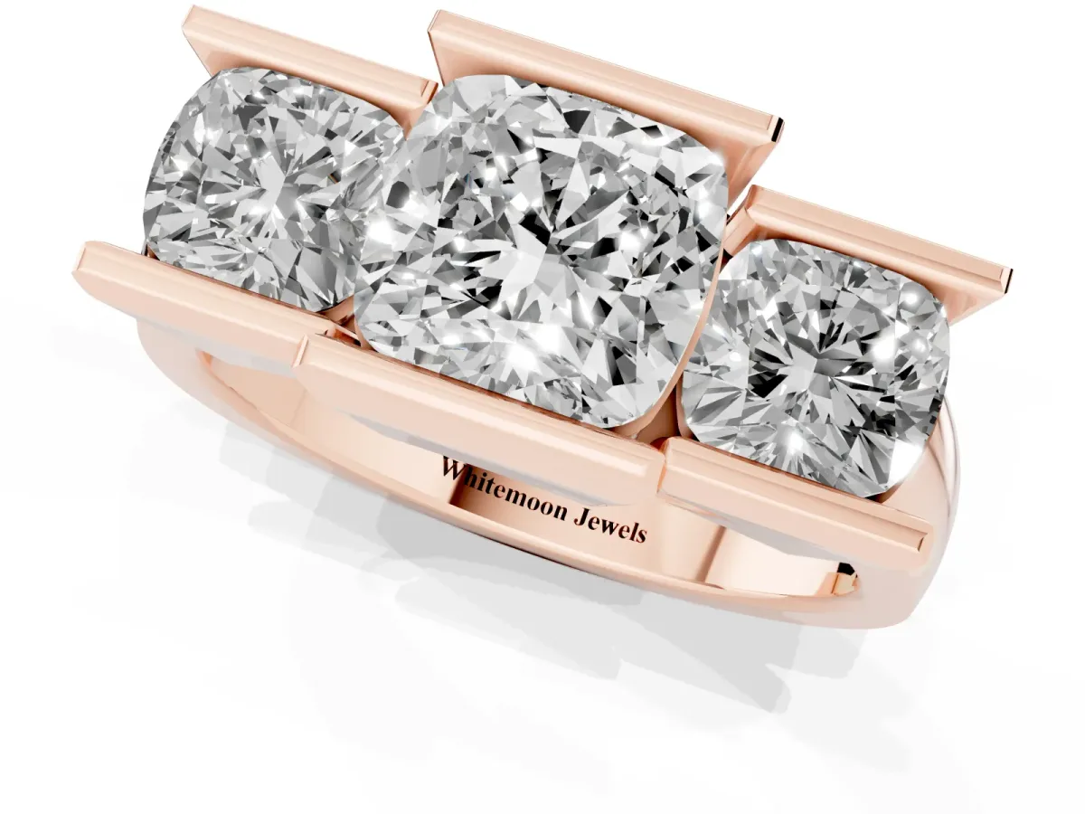 Three Stone Cushion Cut Cut Channel Set Diamond Ring Rose gold