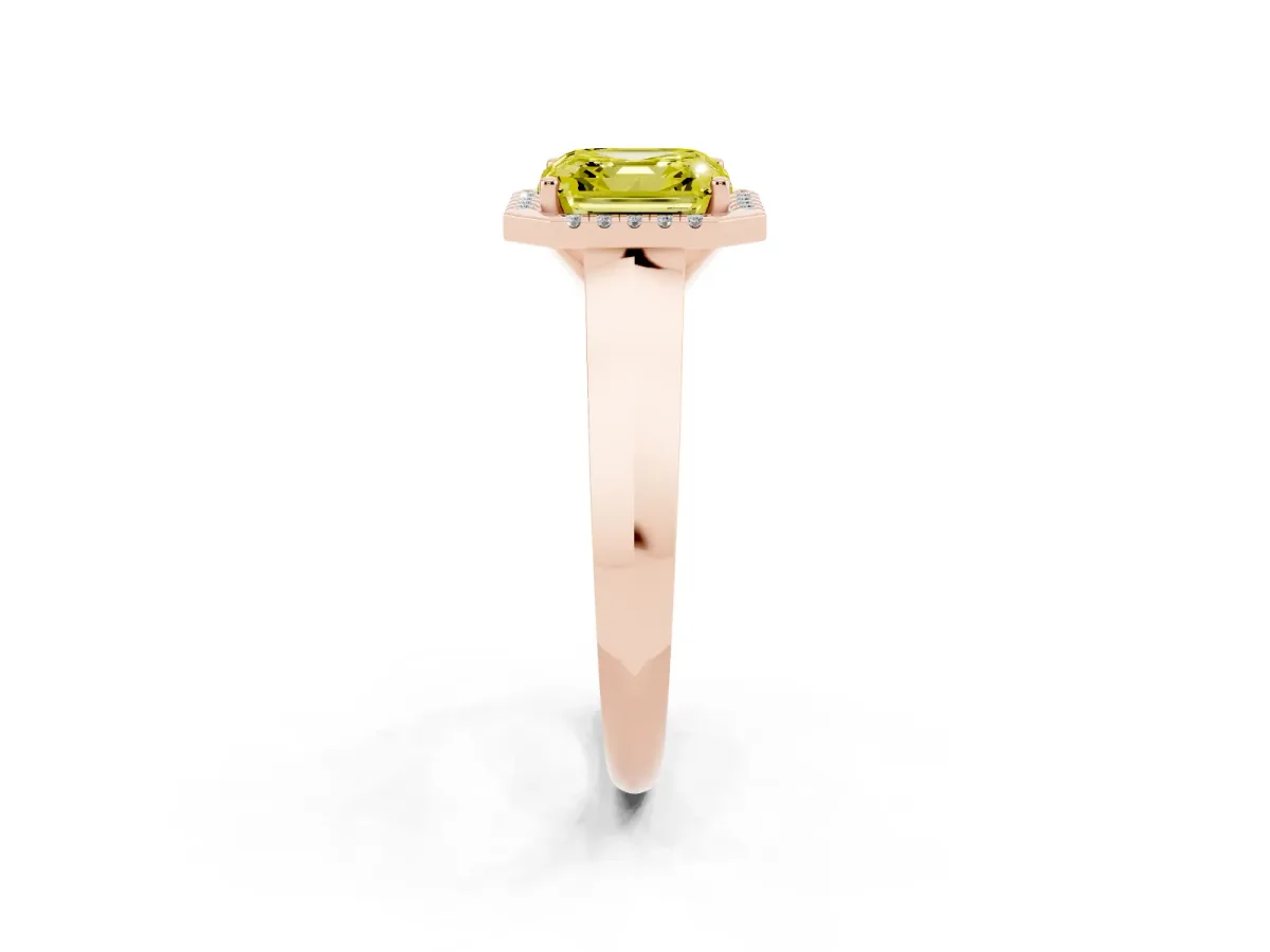 Fancy Yellow Asscher Cut Halo Diamond Ring with Cathedral Band and Four-Prong Setting Rose gold