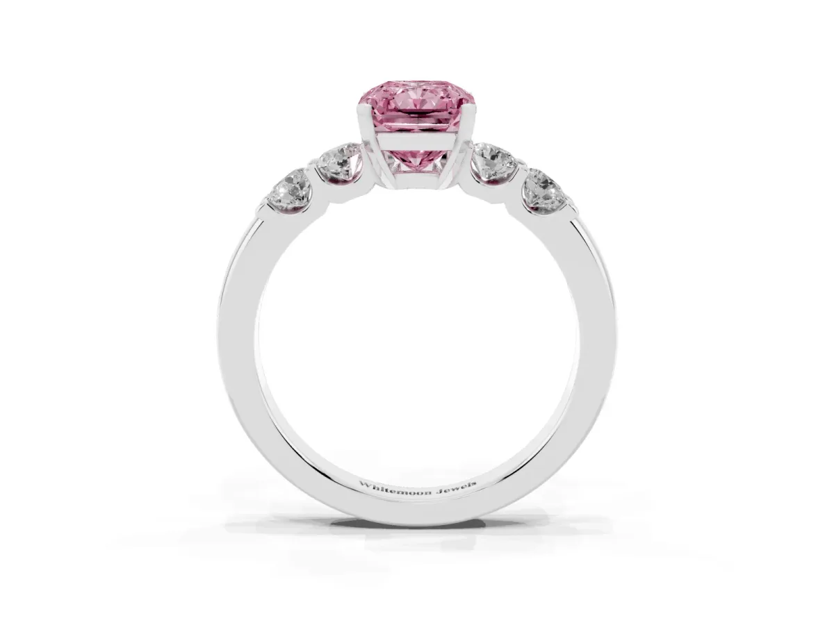 Fancy Pink Radiant Cut Brilliant Cut Diamond Five-Stone Prong Set Engagement Ring with Channel Band White gold
