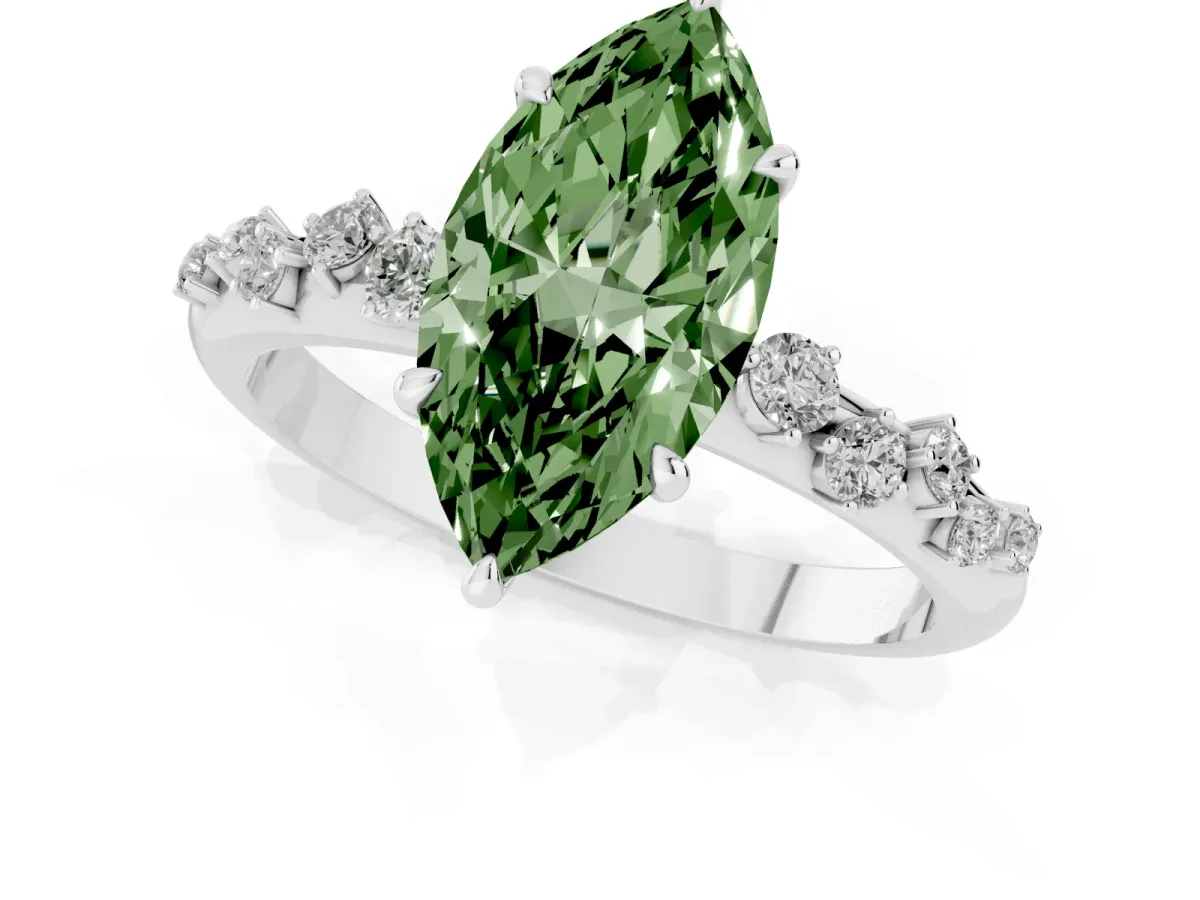 Fancy Green Marquise Cut Diamond Cluster Prong-Set Solitaire Ring White gold