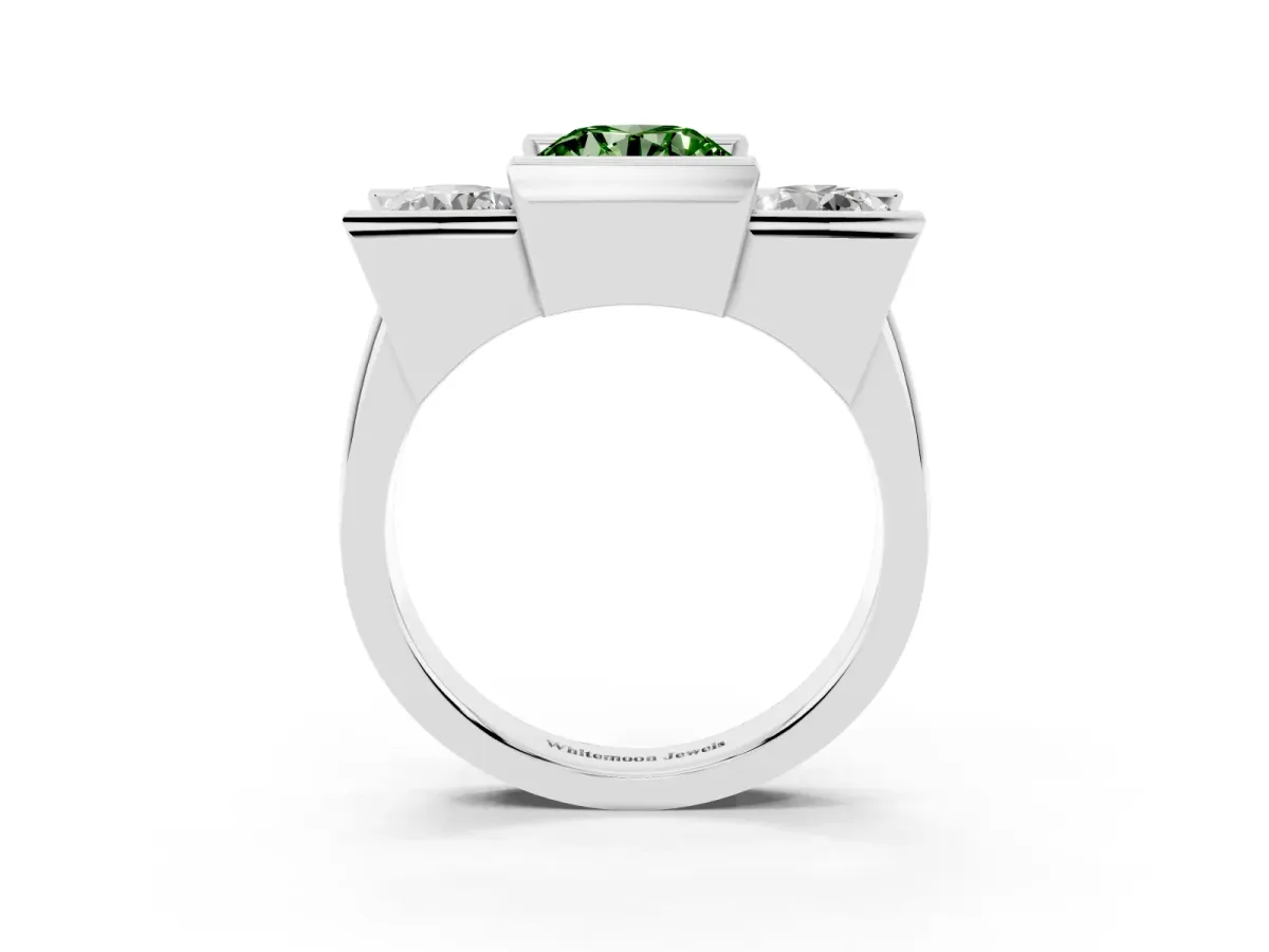 Fancy Green Three Stone Round Cut Cut Channel Set Diamond Ring Platinum