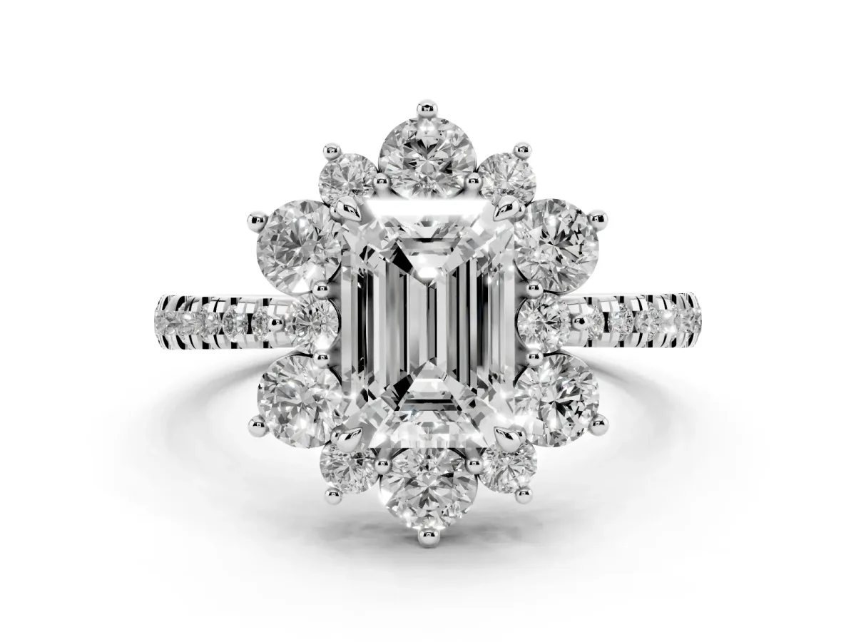 Emerald Cut Diamond Floral Halo Ring with Round Pavé Band and Prong Setting White gold