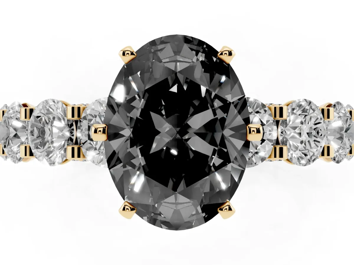 Fancy Black Oval Cut Diamond Side Stone Engagement Ring with Four-Prong Setting Yellow gold