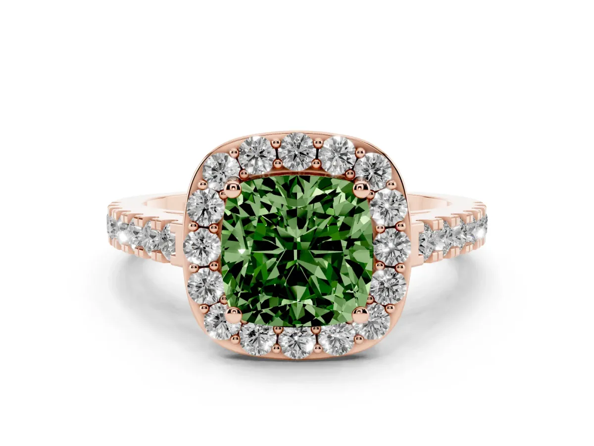Fancy Green Cushion Cut Diamond Halo Ring with Round Pavé Split Shank and Prong Setting Rose gold