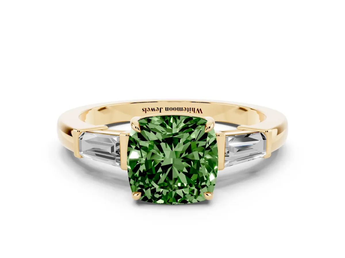 Fancy Green Cushion Cut Diamond Three-Stone Ring with Tapered Baguette Side Stones and Prong Setting Yellow gold