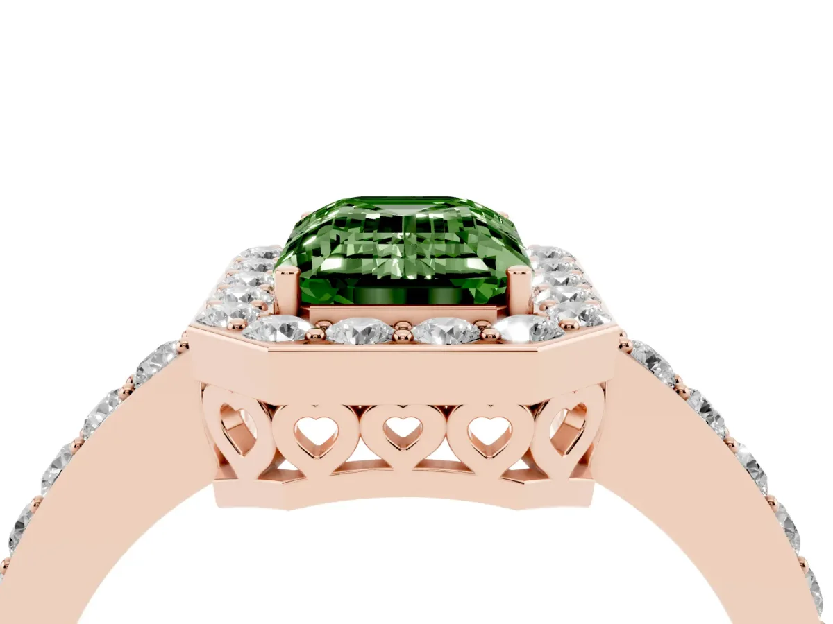 Fancy Green Emerald Cut Halo Diamond Pavé Band Ring with Prong Setting Rose gold