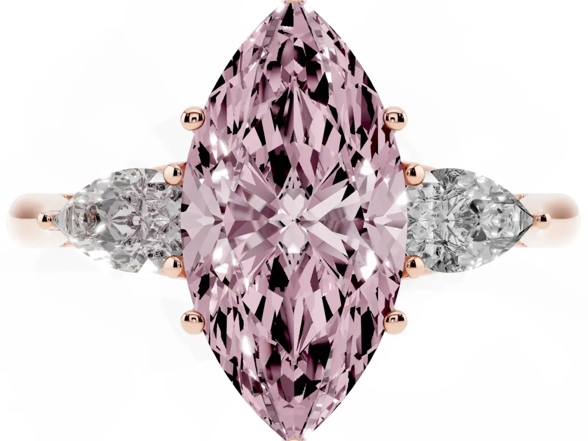 Fancy Pink Three-Stone Marquise Cut Brilliant Diamond Solitaire Ring with Tapered Band and Four-Prong Setting Rose gold