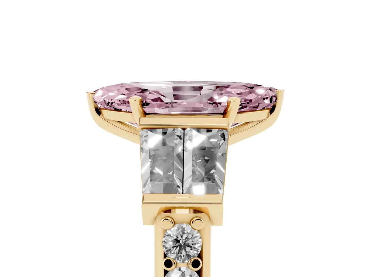 Fancy Pink Marquise Cut Diamond Engagement Ring with Baguette Side Stones and Channel Set Band Yellow gold