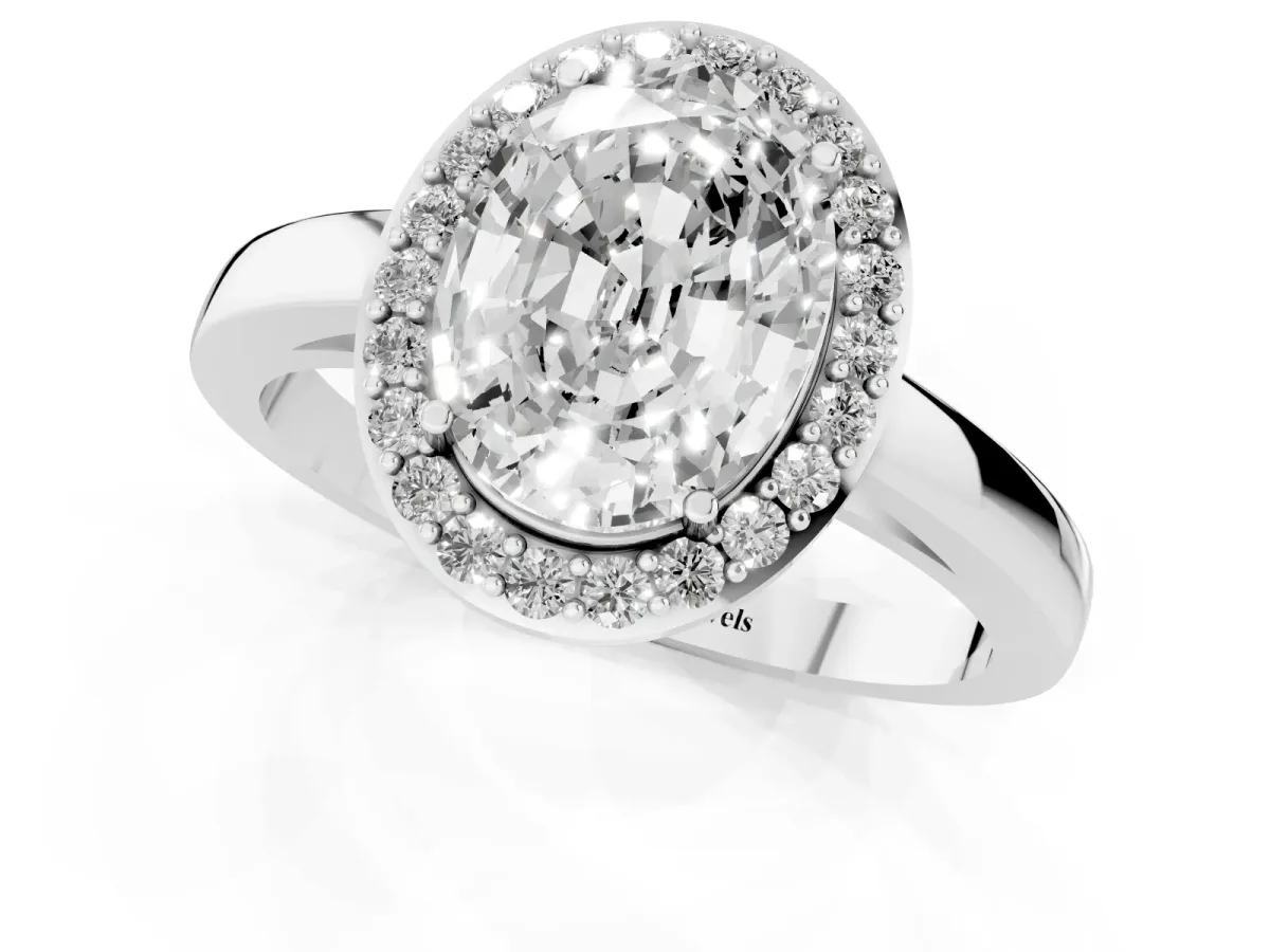 Oval Cut Halo Diamond Ring with Solitaire Band and Prong Setting Silver