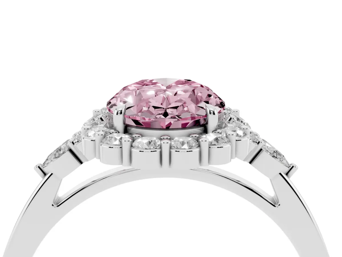 Fancy Pink Oval Cut Diamond Halo Ring with Pear Side Stones and Prong Setting Silver