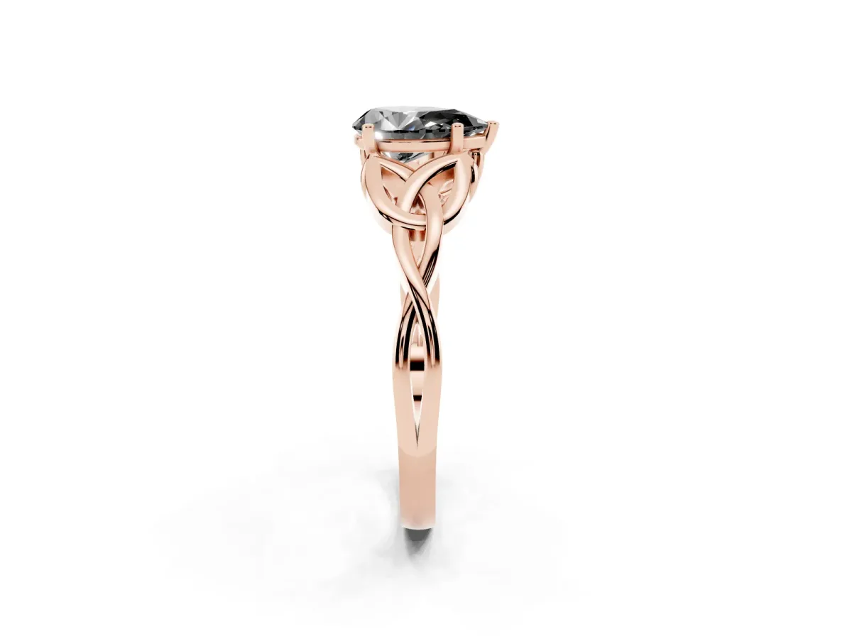 Fancy Black Pear Cut Diamond Solitaire Engagement Ring with Celtic Knot Band and Four-Prong Setting Rose gold