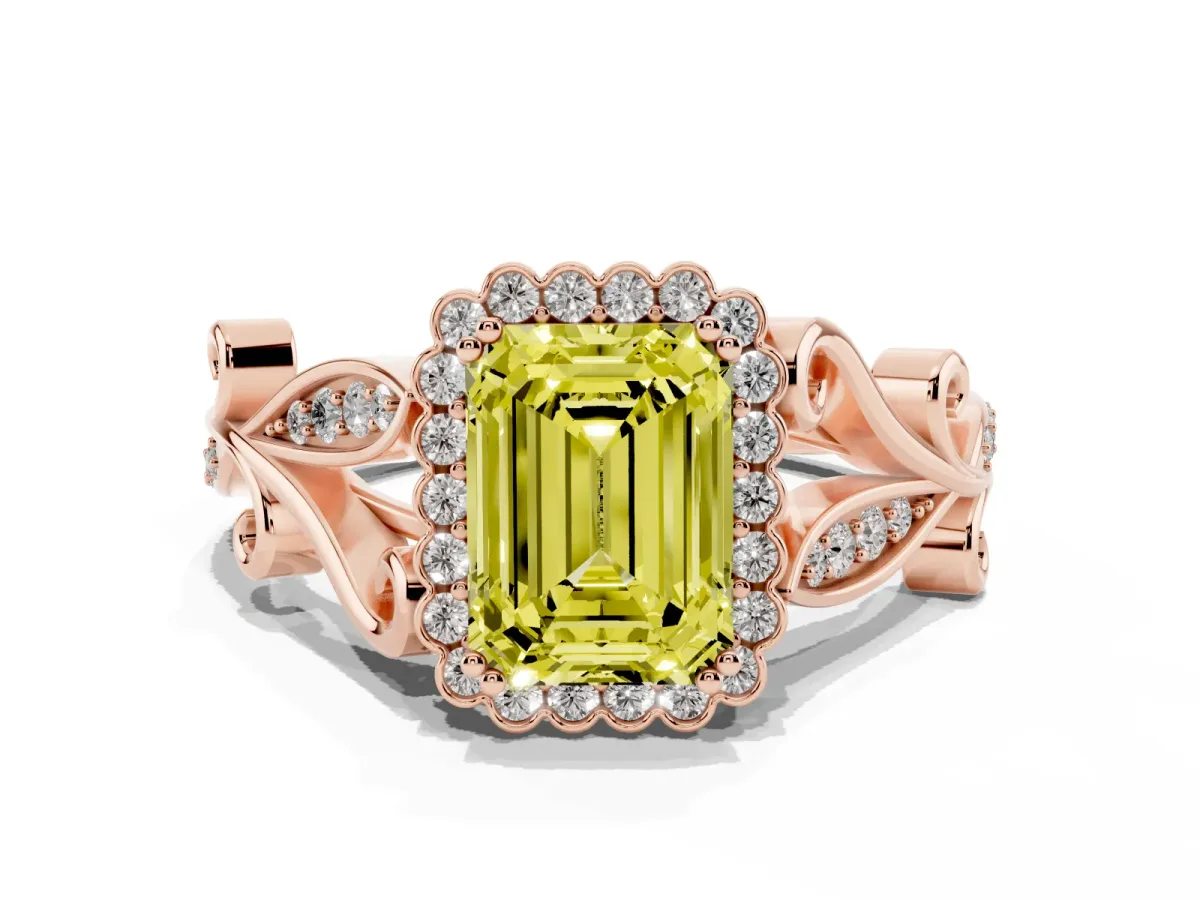 Fancy Yellow Emerald Cut Diamond Halo Ring with Vintage Split Shank and Four-Prong Setting Rose gold