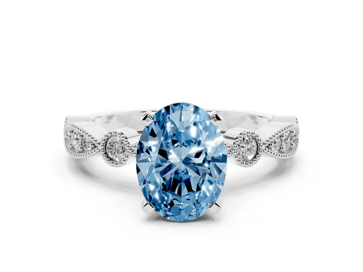 Fancy Blue Oval Cut Milgrain Bezel Diamond Engagement Ring with Solitaire Prong Setting Silver