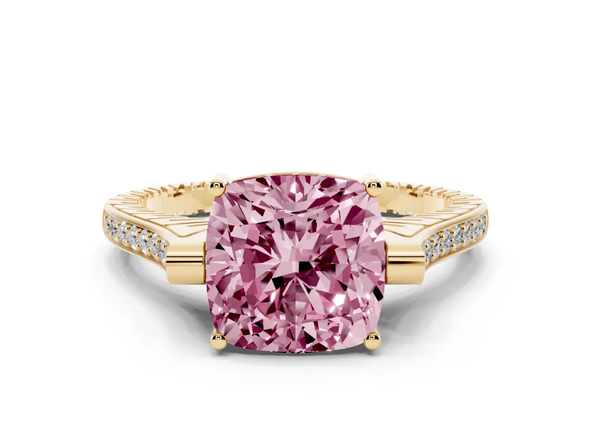 Fancy Pink Cushion Cut Solitaire Diamond Ring with Channel Set Band and Bezel Prong Setting Yellow gold