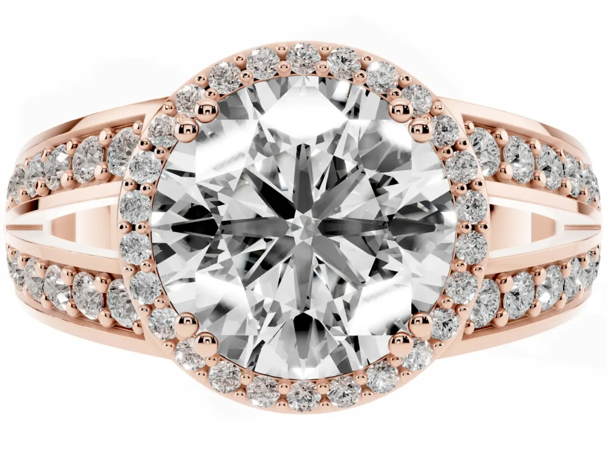 Round Cut Diamond Halo Ring with Split Shank Pavé Band and Four-Prong Setting Rose gold