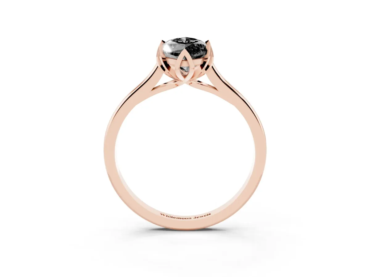 Fancy Black Marquise Cut Diamond Solitaire Ring with Flower Prong Setting and Classic Band Rose gold