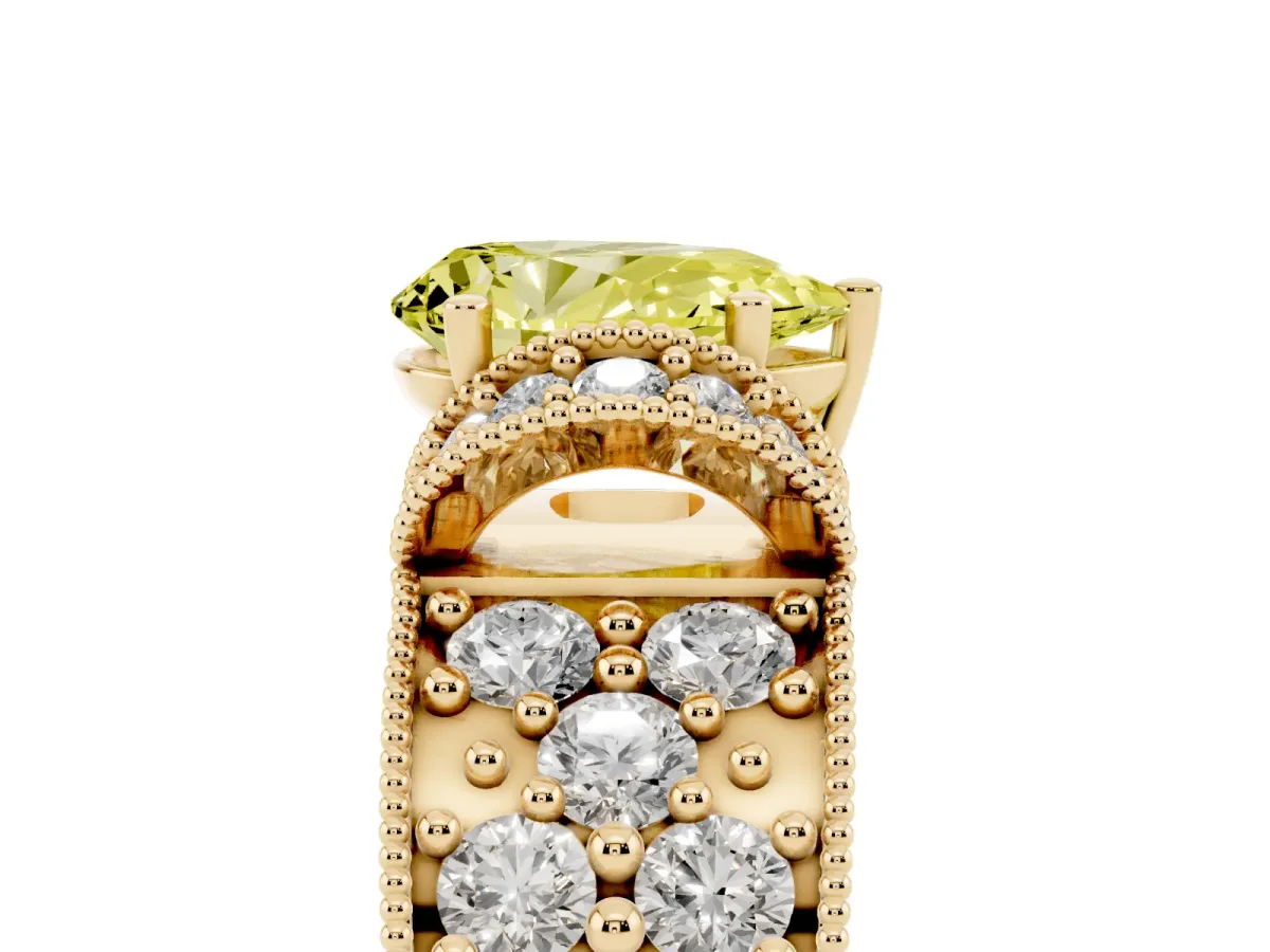 Fancy Yellow Pear Cut Halo Pave Diamond Engagement Ring with Milgrain Detailing Yellow gold