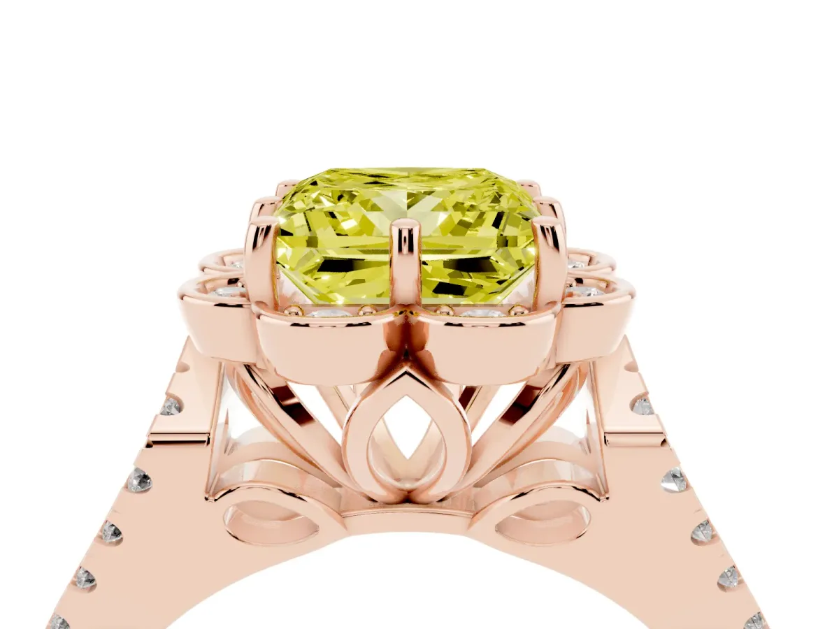 Fancy Yellow Princess Cut Halo Diamond Floral Split Shank Engagement Ring Rose gold