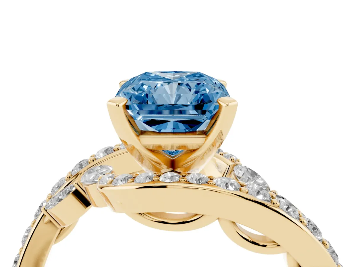 Fancy Blue Radiant Cut Solitaire with Pavé Twist Band and Four-Prong Setting Yellow gold