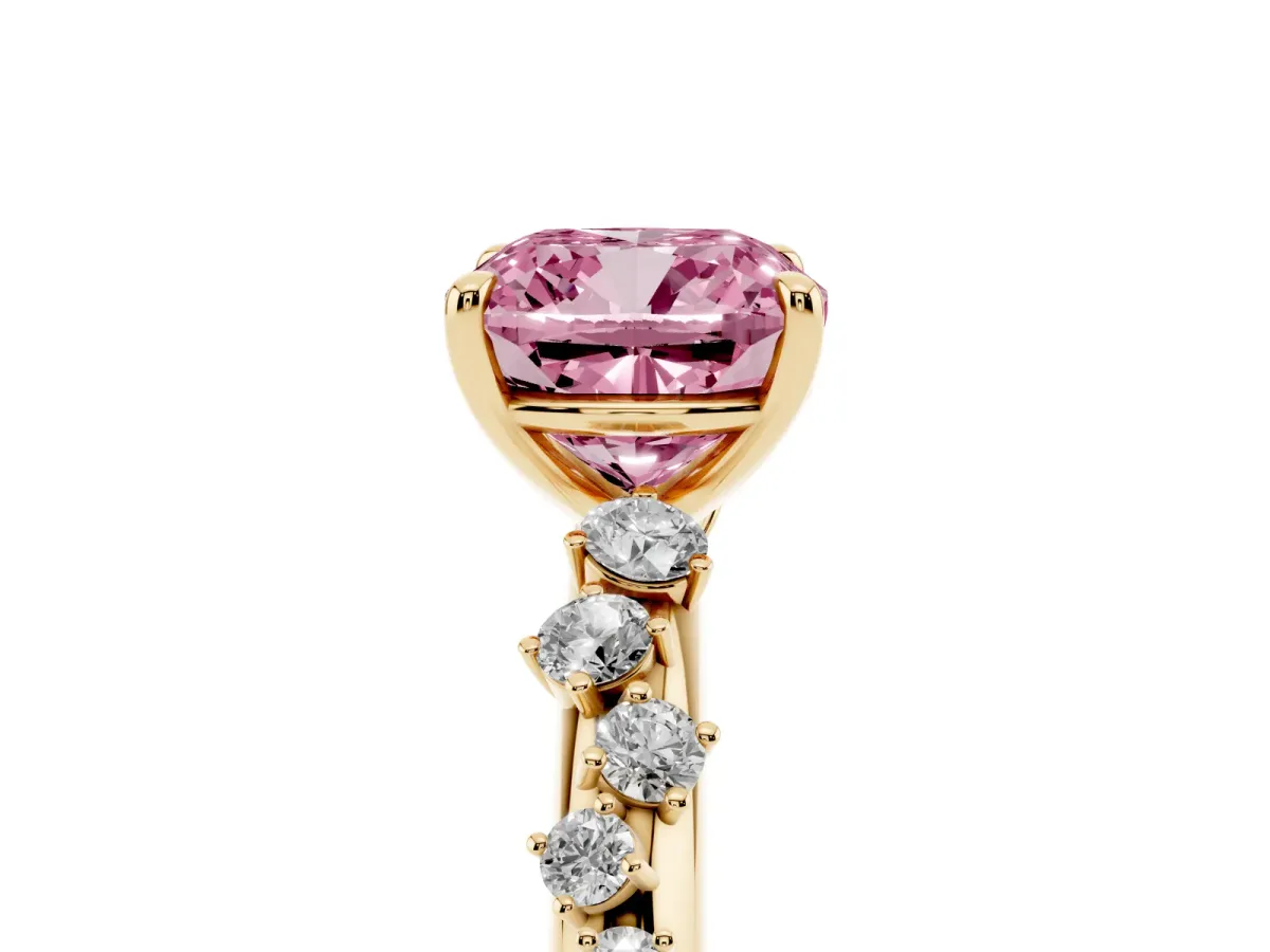 Fancy Pink Cushion Cut Diamond Cluster Prong-Set Solitaire Ring Yellow gold