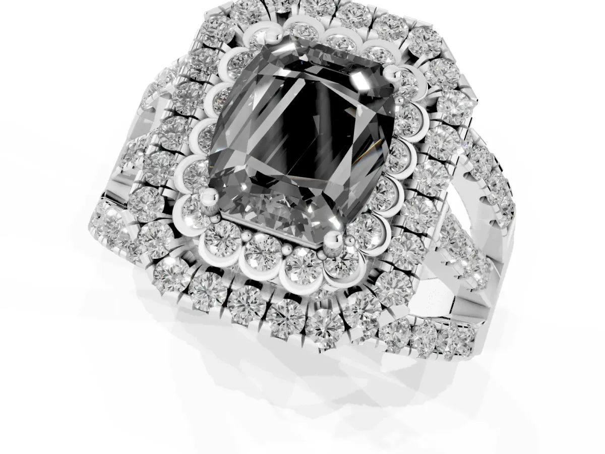 Fancy Black Emerald Cut Diamond Double Halo Ring with Round Pavé Split Shank and Prong Setting Silver
