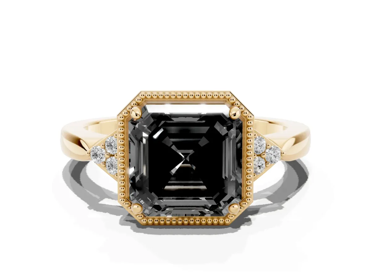 Fancy Black Hexagonal Halo Asscher Cut Diamond Solitaire with Pavé Band and Four-Prong Setting Yellow gold