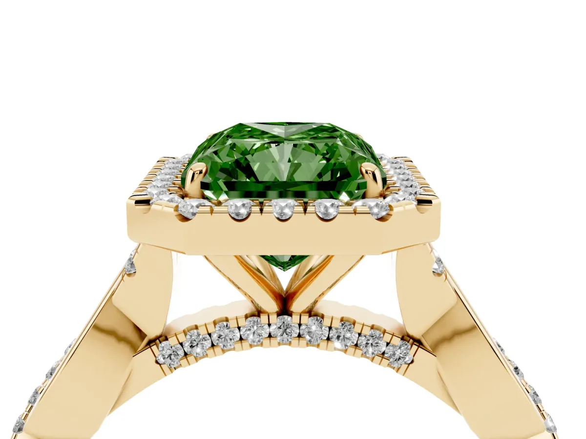 Fancy Green Radiant Cut Halo Twist Band Solitaire Ring Yellow gold