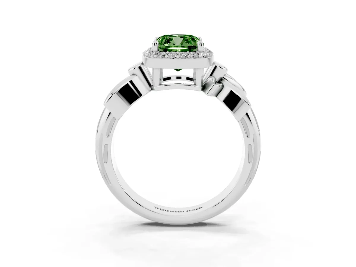 Fancy Green Cushion Cut Halo Diamond Floral Band with Four-Prong Setting White gold