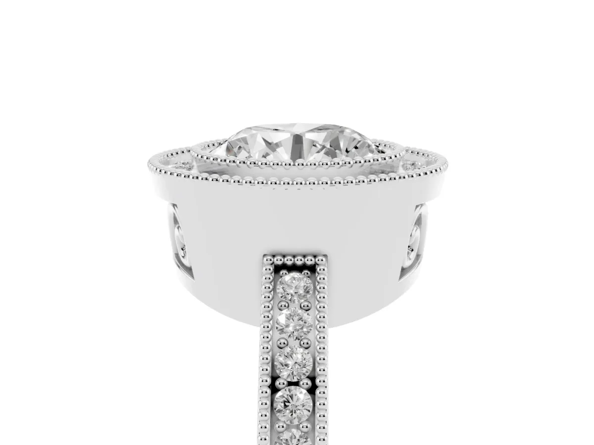 Round Cut Cut Halo Diamond Ring with Pavé Band and Milgrain Prong Setting Silver