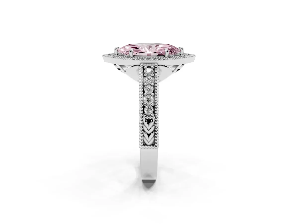 Fancy Pink Marquise Cut Cut Halo Diamond Ring with Pavé Band and Four-Prong Setting Platinum