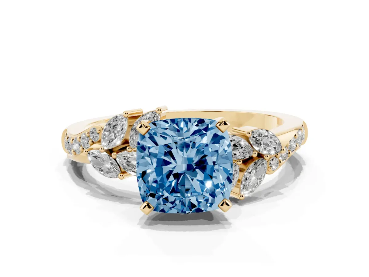 Fancy Blue Cushion Cut Solitaire Marquise Twist Band with Six-Prong Setting Yellow gold