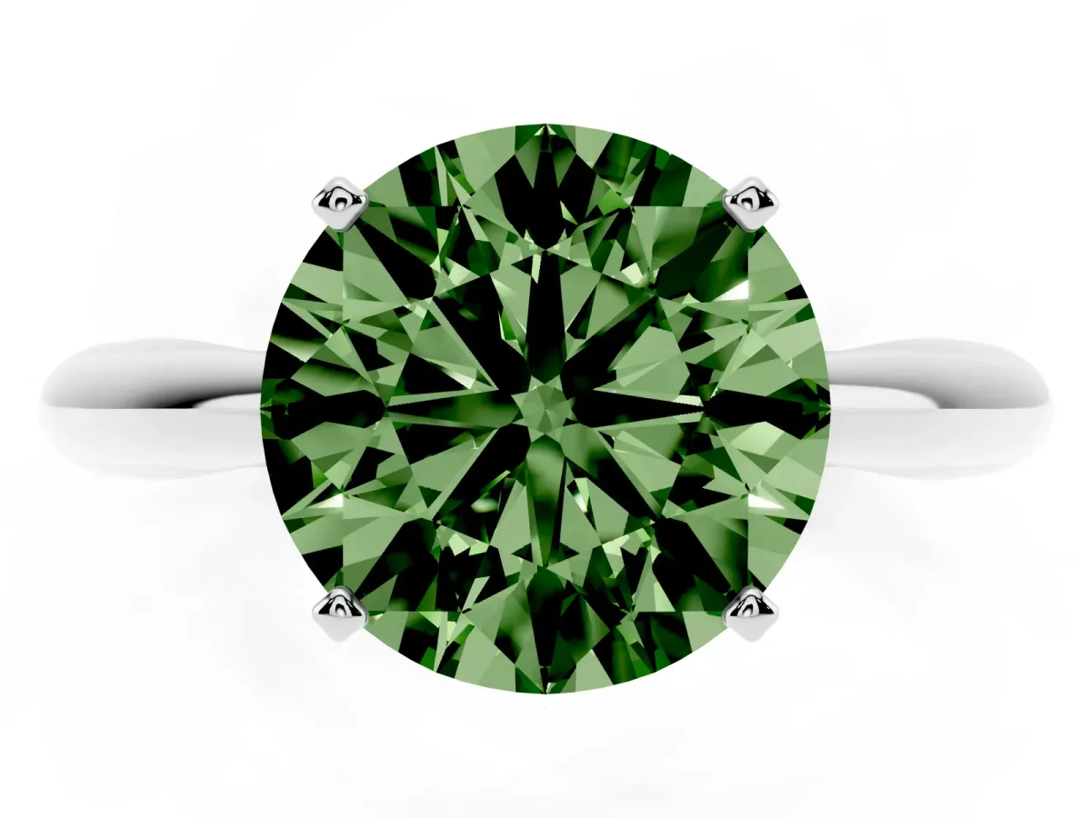 Fancy Green Round Cut Diamond Solitaire Engagement Ring with Cathedral Setting and Four-Prong Mount Silver