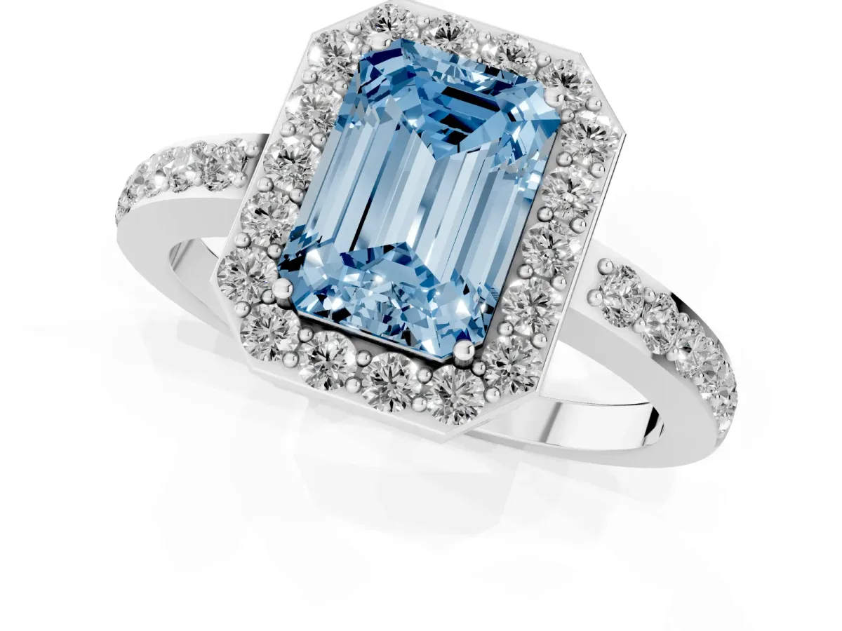Fancy Blue Emerald Cut Halo Diamond Pavé Band Ring with Prong Setting Platinum