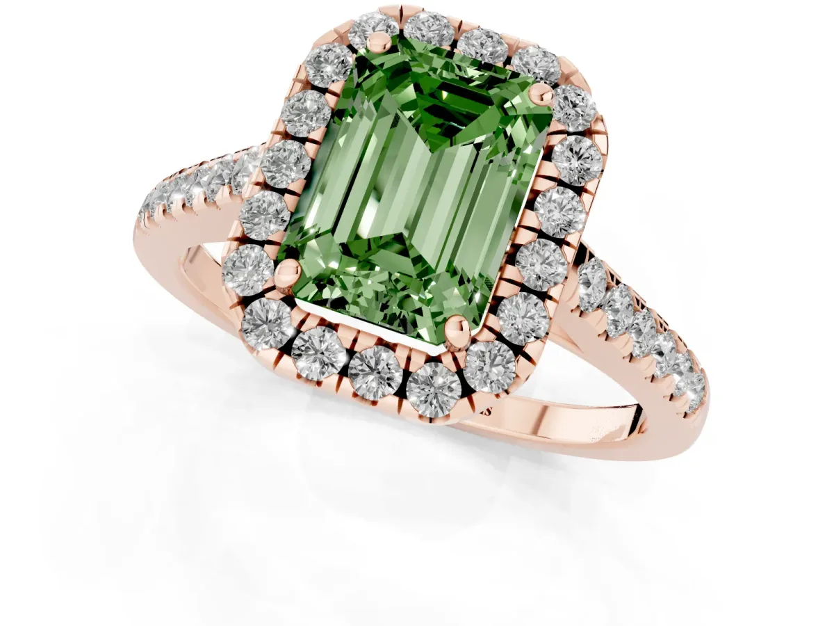 Fancy Green Emerald Cut Halo Pave Diamond Engagement Ring with Four-Prong Setting Rose gold