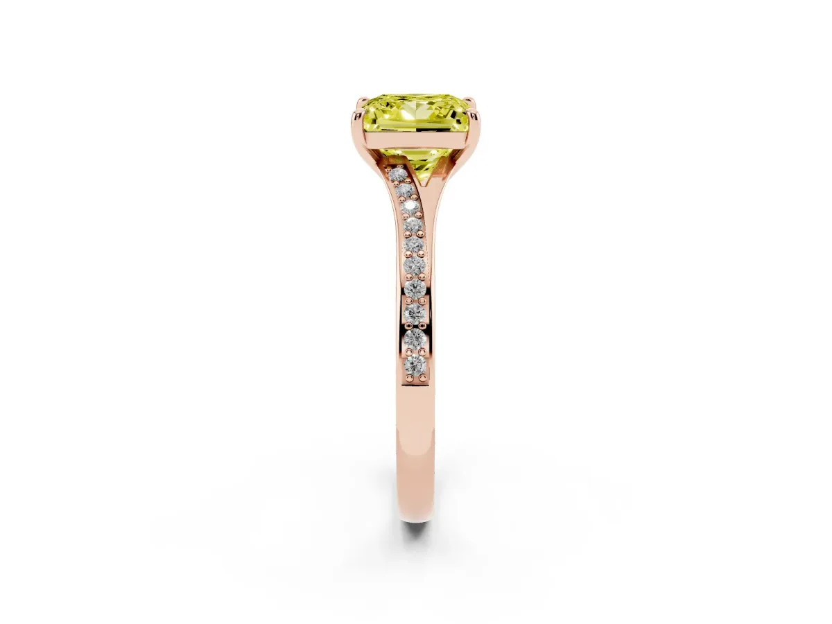 Fancy Yellow Princess Cut Diamond Solitaire Ring with Pavé Band and Prong Setting Rose gold