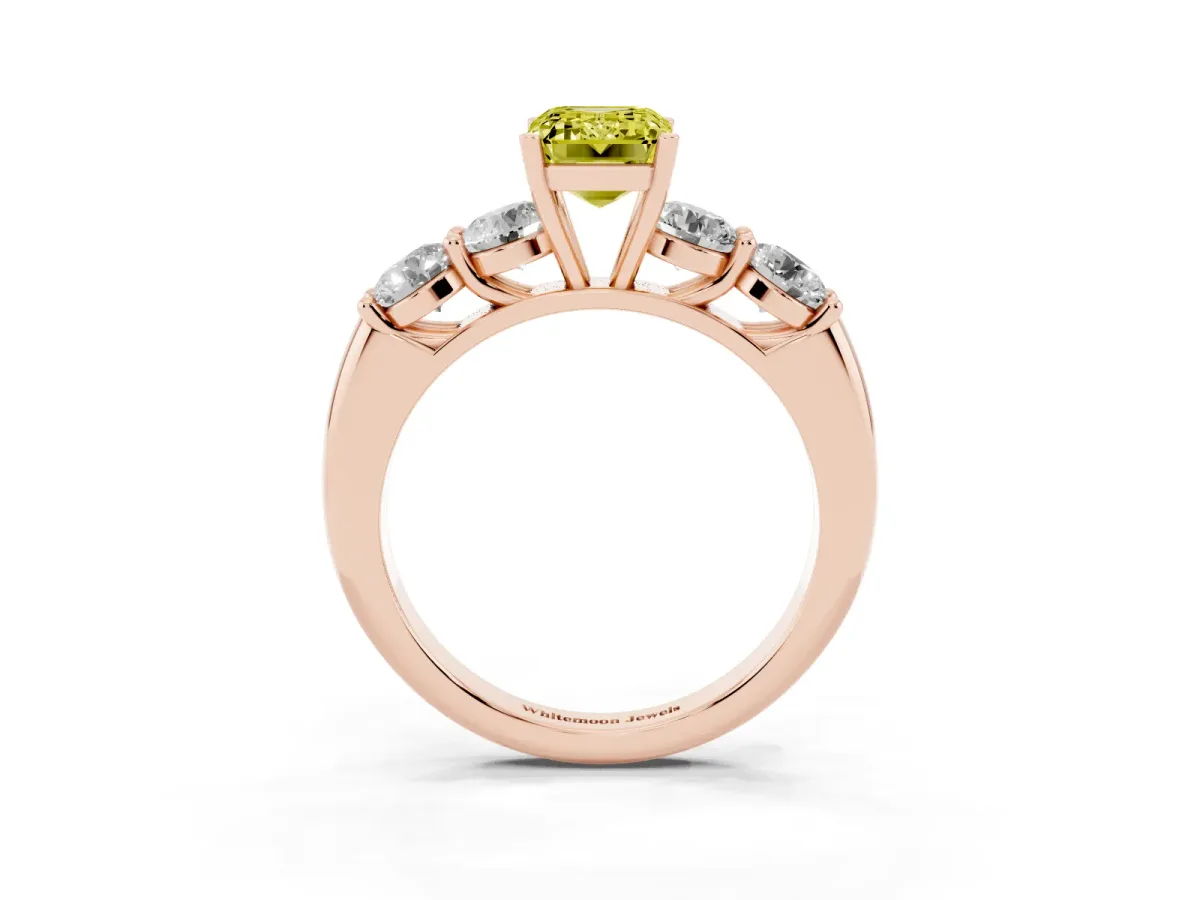 Fancy Yellow Emerald Cut Cut Five-Stone Prong Set Diamond Ring with Classic Band Rose gold