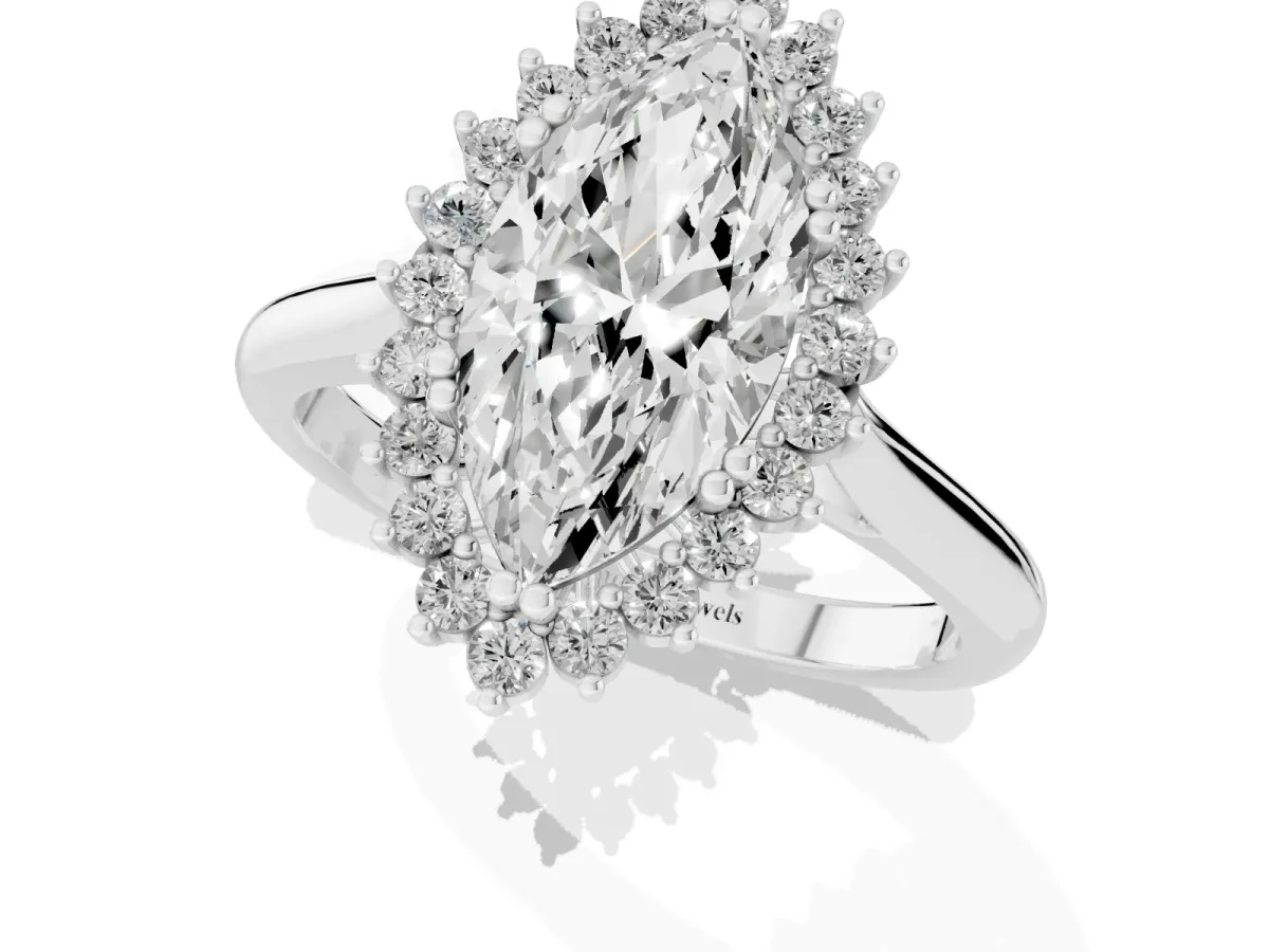 Marquise Cut Cut Diamond Halo Ring with Solitaire Band and Prong Setting Platinum