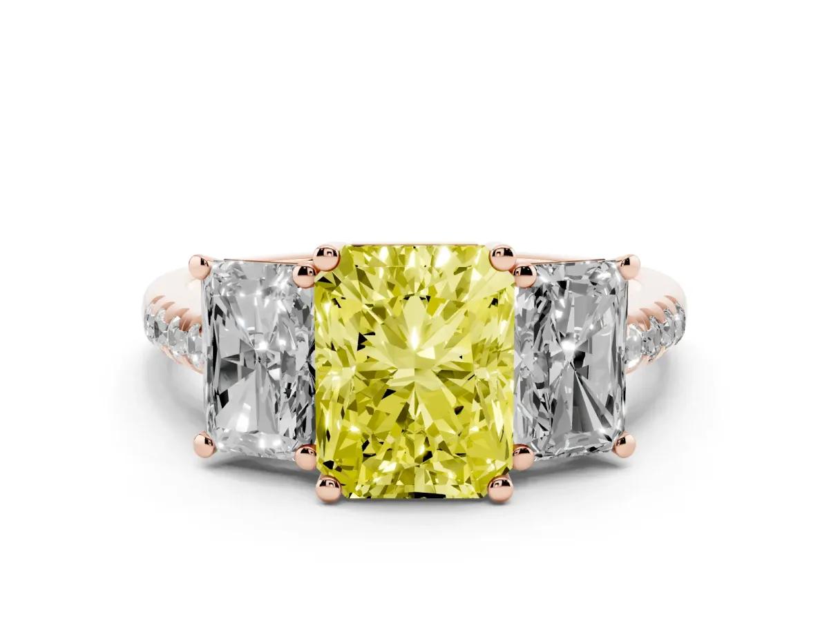 Fancy Yellow Three-Stone Radiant Cut Diamond Ring with Round Pavé Band and Prong Setting Rose gold